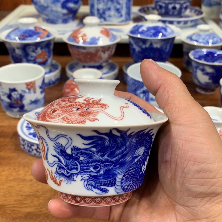 自成堂柴窑青花双龙盖碗