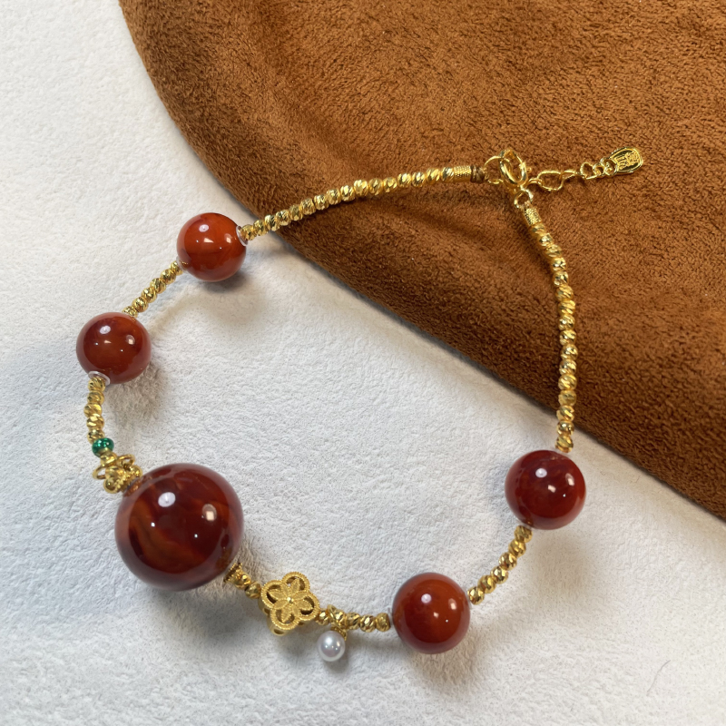 珠联帮【18K】南红玛瑙1.3火焰纹金手链时尚百搭手串