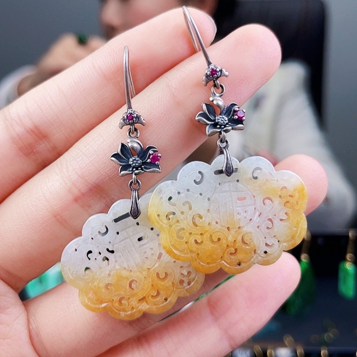 翡翠耳饰银S925镶嵌饰品