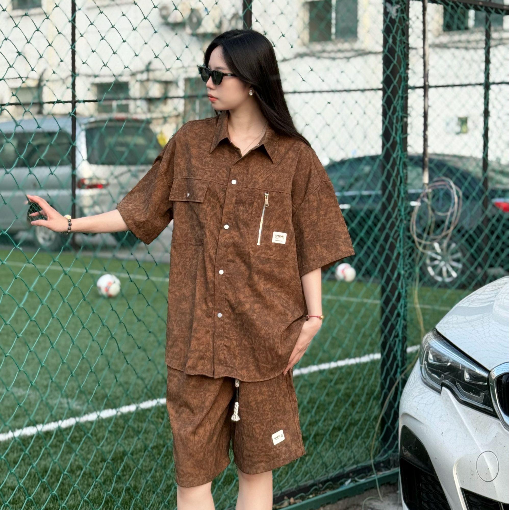 U11studios大码时尚扎染休闲衬衫套装美式潮流复古宽松