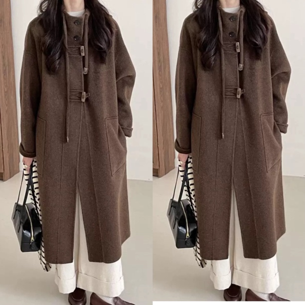 韩系连帽长款牛角扣双面宽松气质高级感毛呢大衣外套秋冬