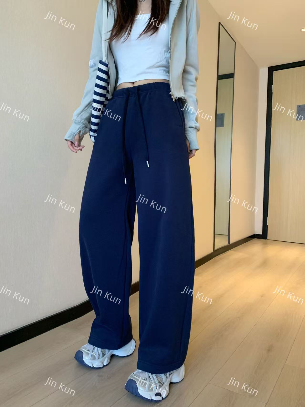 秋冬新款高腰厚款口袋宽松显瘦休闲抽绳加绒百搭休闲裤女-6817