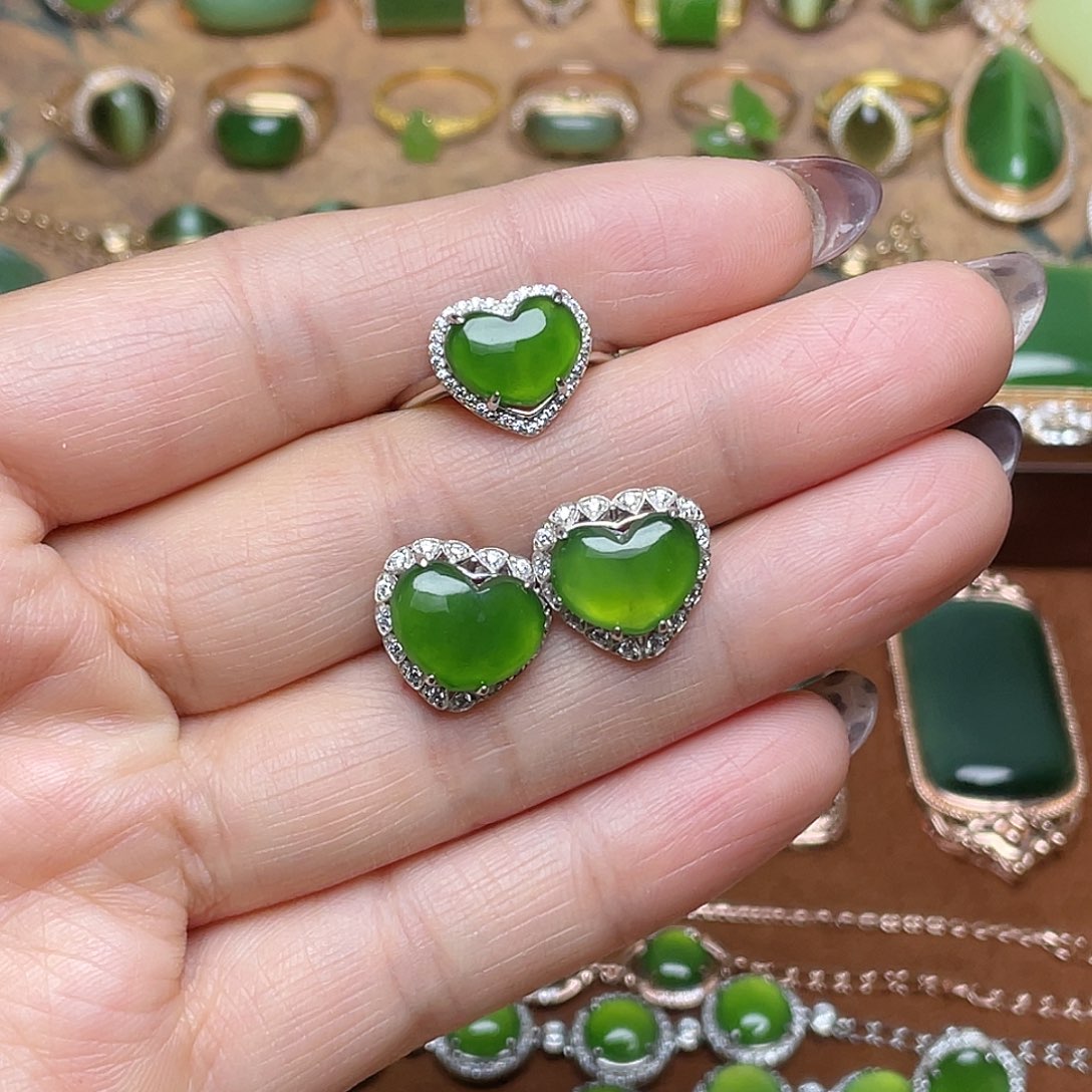 和田玉（碧玉）银S925镶嵌吊坠(不含链)耳钉➕戒指