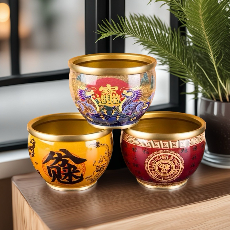 黄铜彩绘米缸招财聚宝盆真铜缸家用桌面聚财摆件客厅书房创意水缸