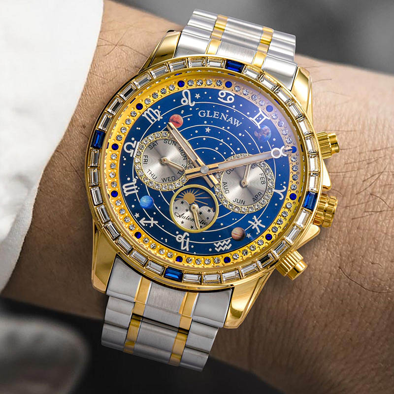 十二星座名表全自动机械男士轻奢多功能镶钻时尚防水腕表高档潮流