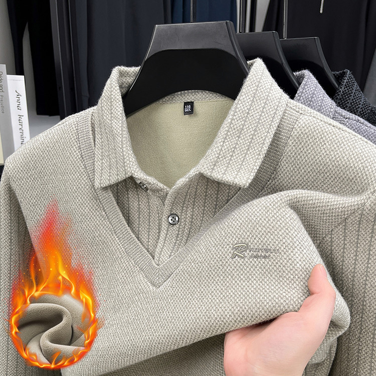 冬季男士高档加绒加厚保暖毛衣男衬衫领假两件上衣针织打底衫男装