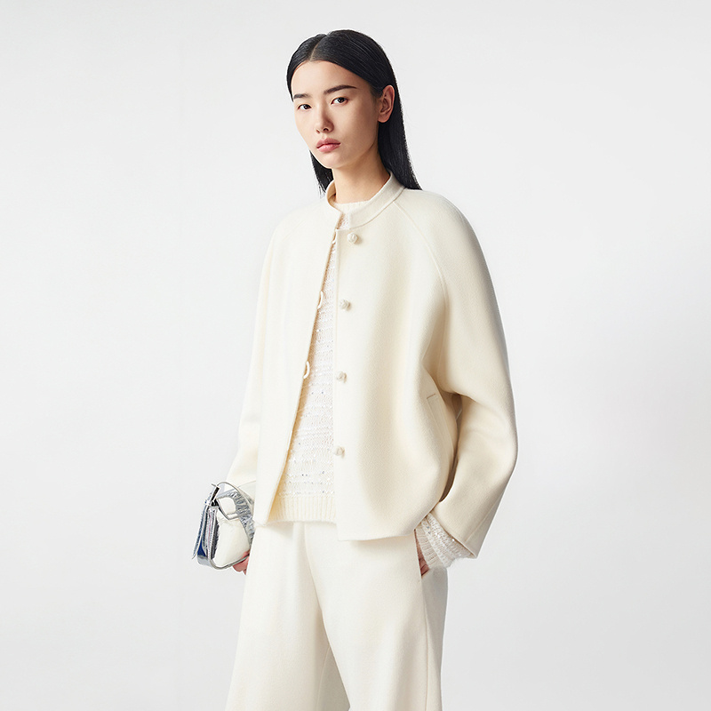 LANCY/朗姿2025冬新款新中式盘扣双面呢丝毛短大衣气质立领外套女