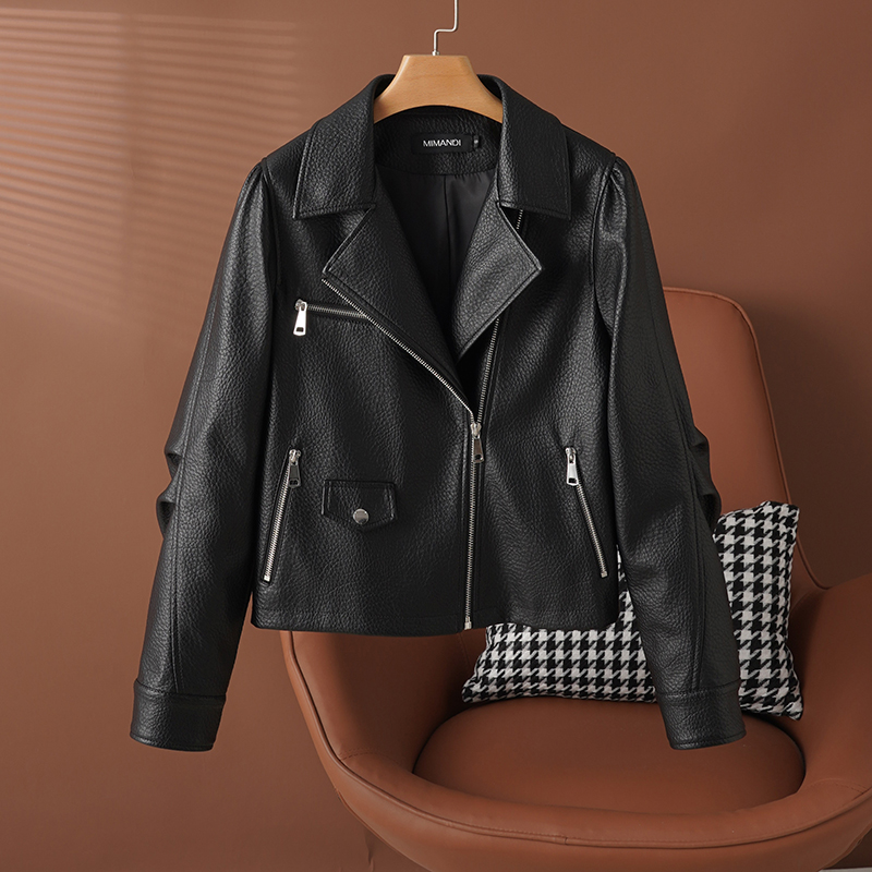 【大梦】新款海宁真皮皮衣女士短款机车皮夹克绵羊皮荔枝纹外套