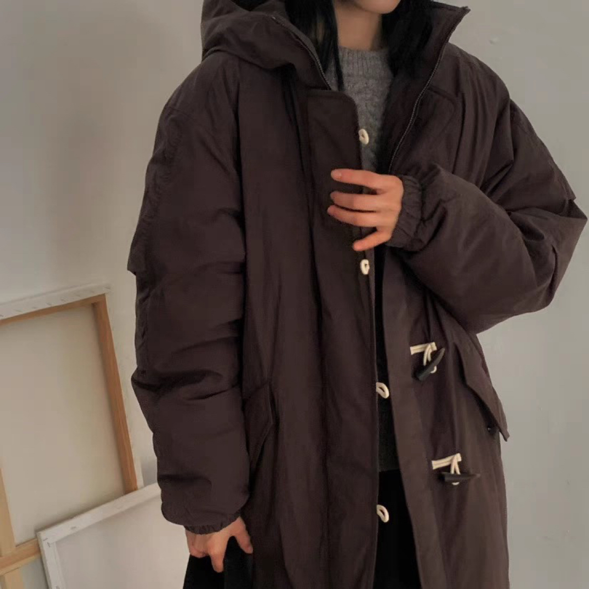 anou韩国东大门代购女秋冬新连帽牛角扣宽松休闲厚实羽绒服外套