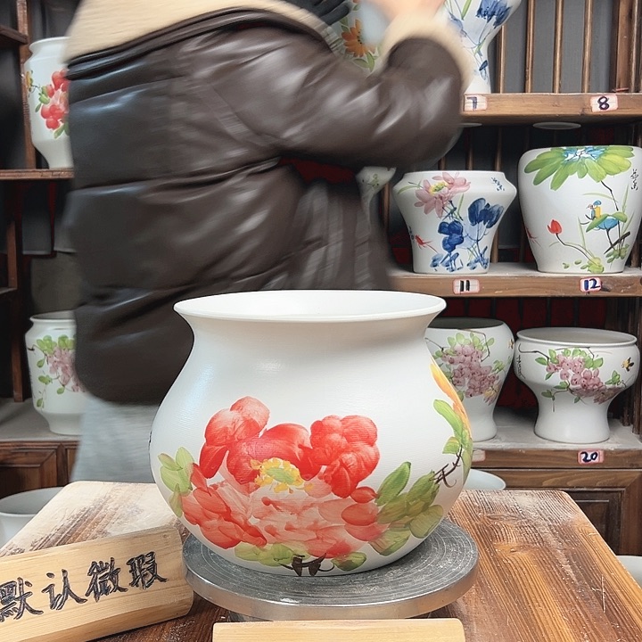 摆件钱袋子红牡丹陶瓷