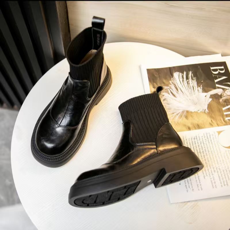 今品汇•英伦风针织筒真皮短靴女时尚厚底马丁靴休闲百搭