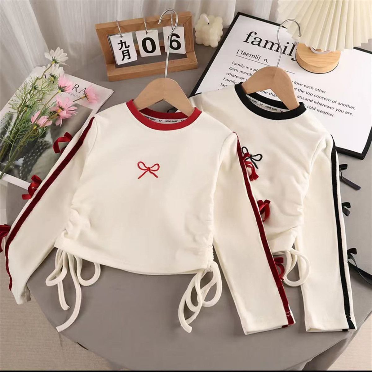 女童长袖T恤儿童2025新款春装小女孩蝴蝶结上衣中大童时髦打底衫