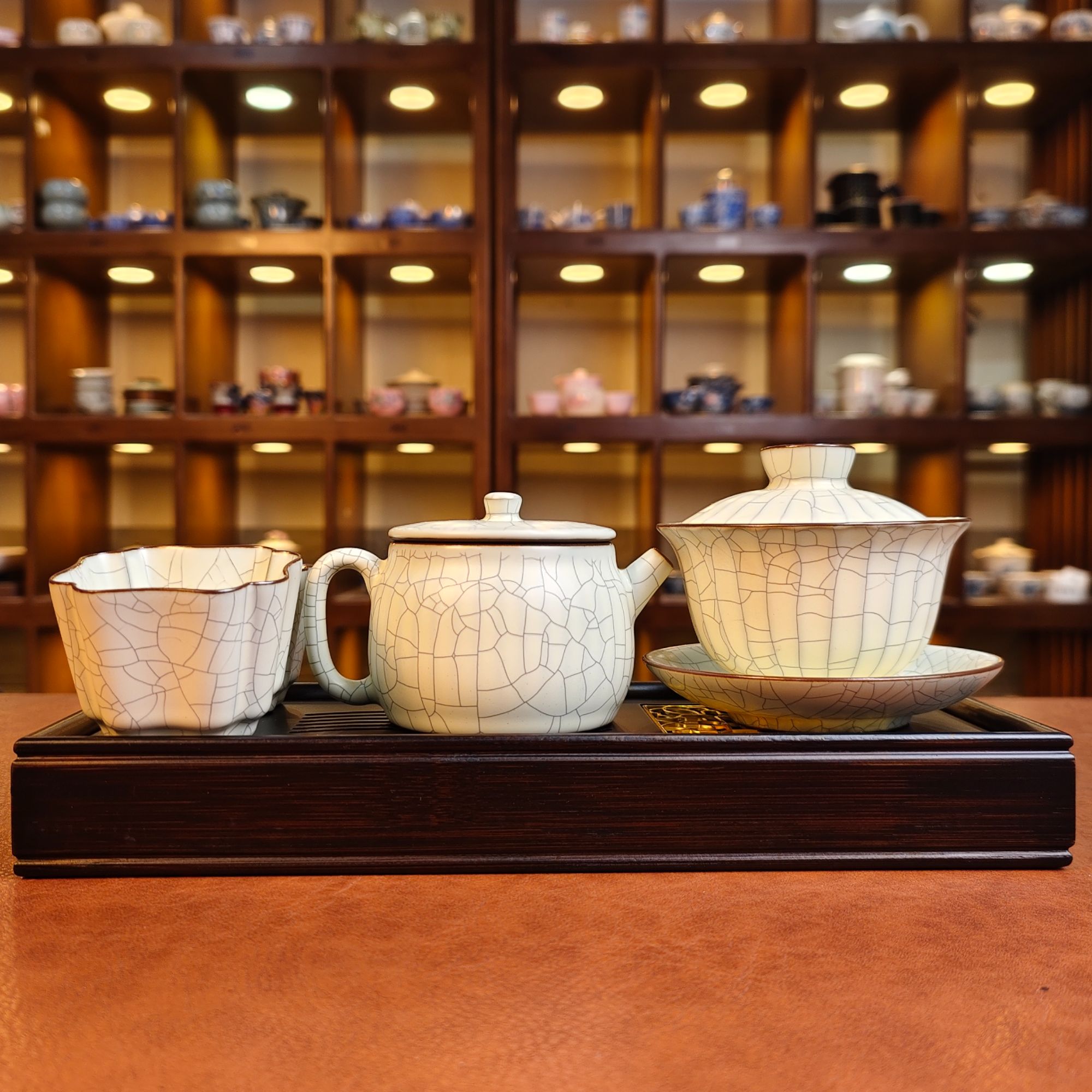 泉德堂汝窑开片盖碗茶壶带两杯3005+3042+3040x2+JZ120