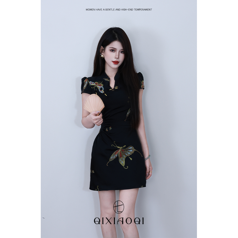 七小七Sicily【墨华碟】新中式改良国风蝴蝶刺绣旗袍短款连衣裙女夏