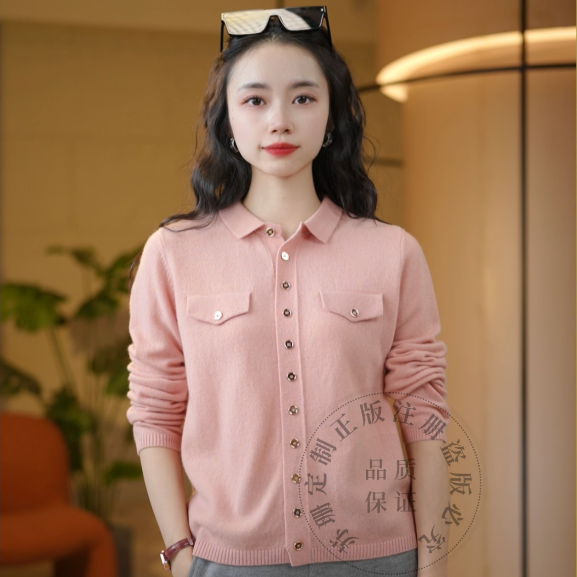 【100%羊毛开衫】纯羊毛衬衫领保暖显瘦翻领羊毛针织衫长袖1599511