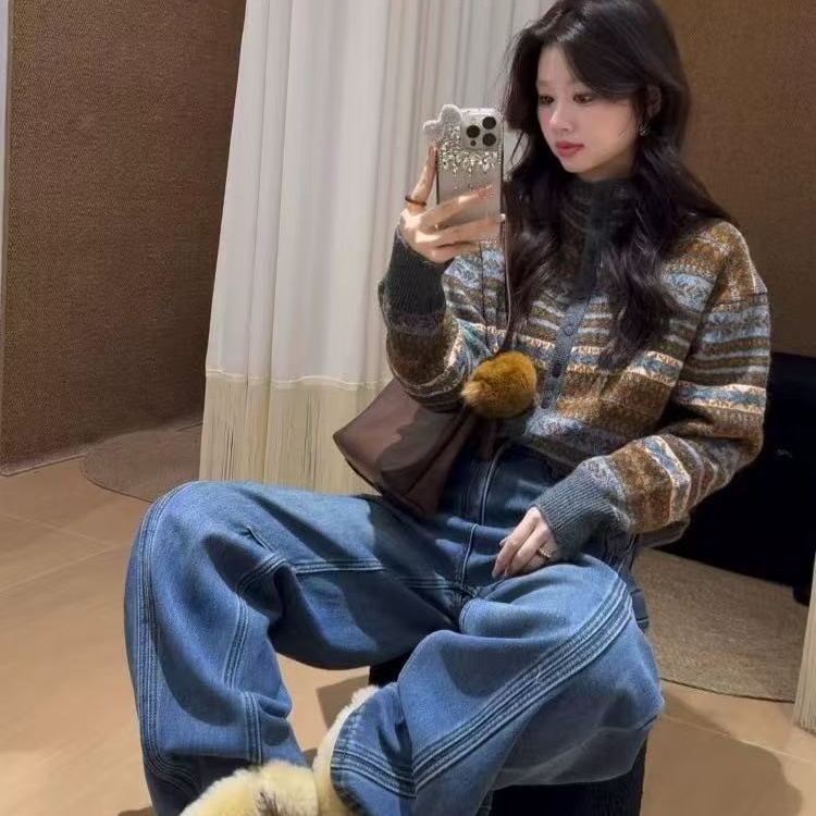 WENNI 韩系费尔岛撞色提花复古慵懒针织衫