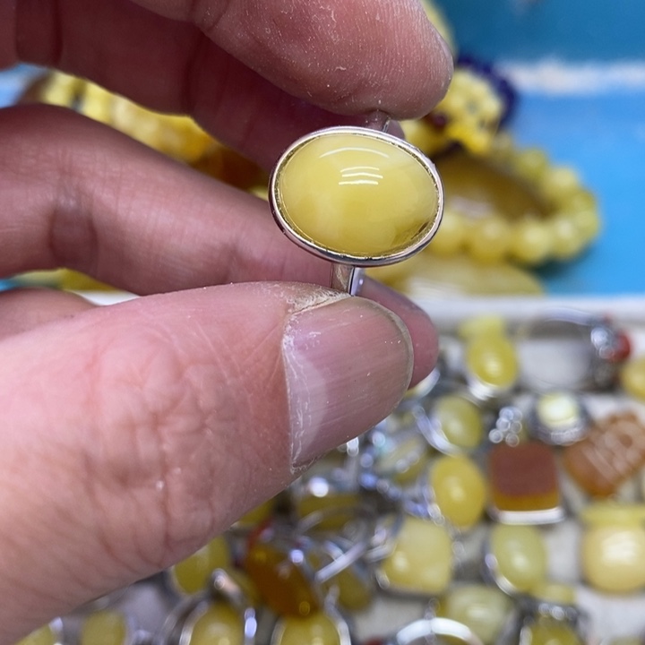 蜜蜡裸石银S925镶嵌戒指