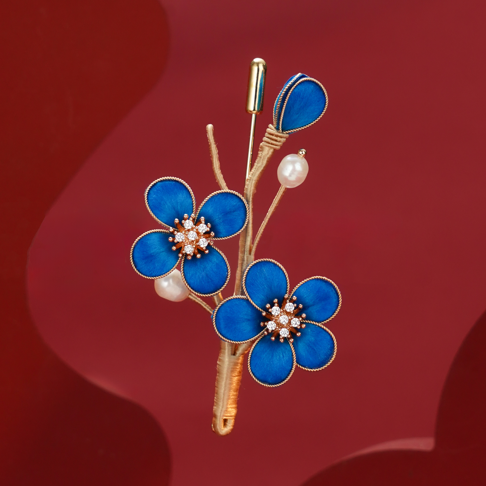 铜布艺胸针 蓝色梅花非遗绒花掐丝胸针大衣新中式旗袍国风首饰品