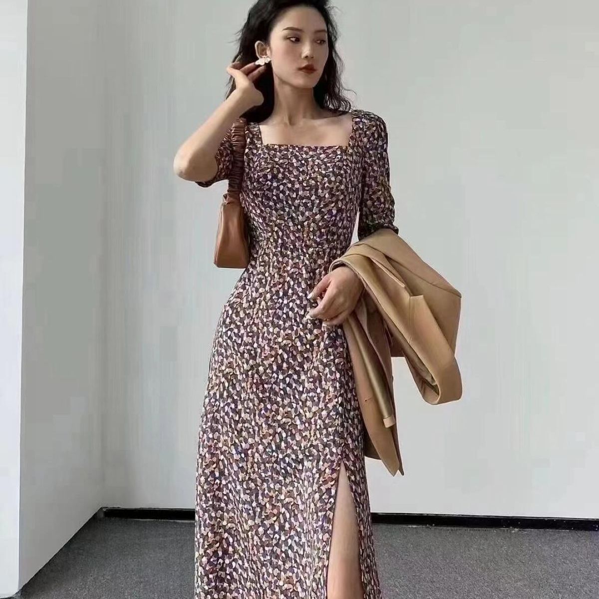 阿家专柜正品法式方领气质时尚碎花连衣裙 5500406-1A82543-001