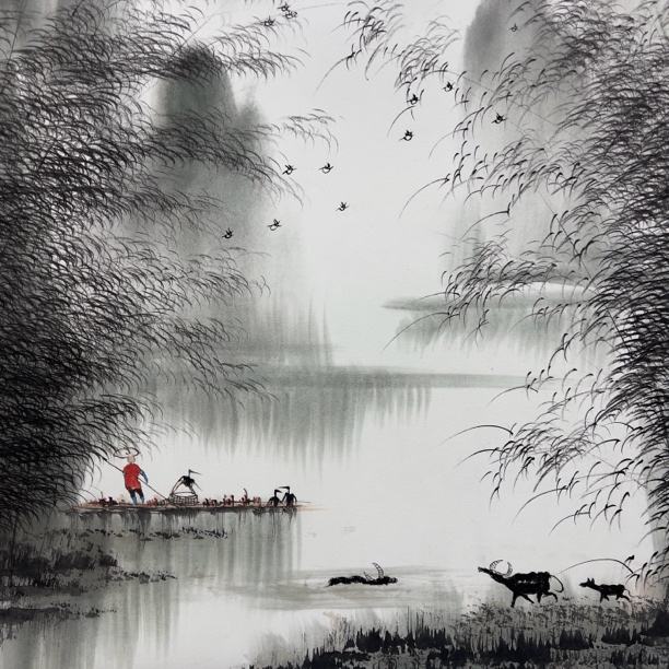 三青 手绘国画宣纸《江畔牧春图》带拖底68x68厘米画芯