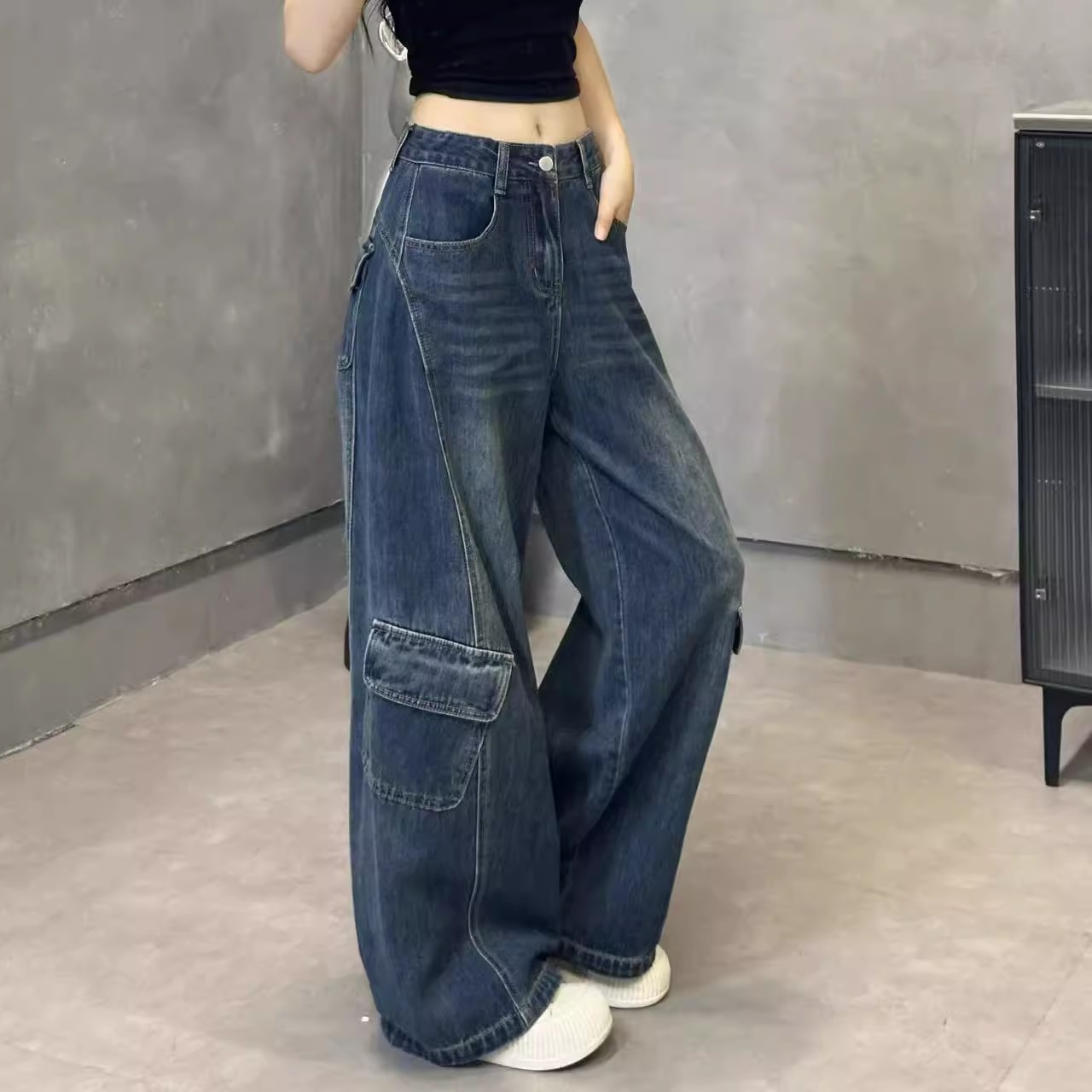 阔腿工装裤秋季新款高腰显瘦百搭直筒裤牛仔裤女7632