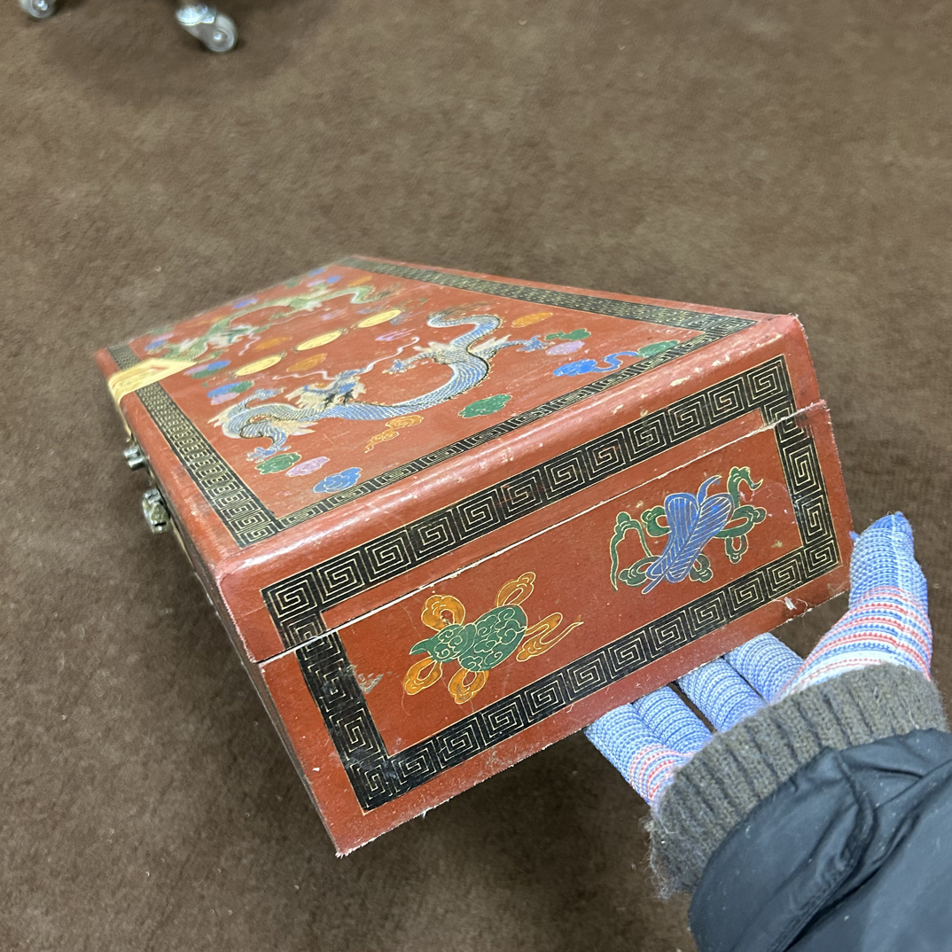 【闪购商品】闷 红漆双龙长盒木摆件复古工艺