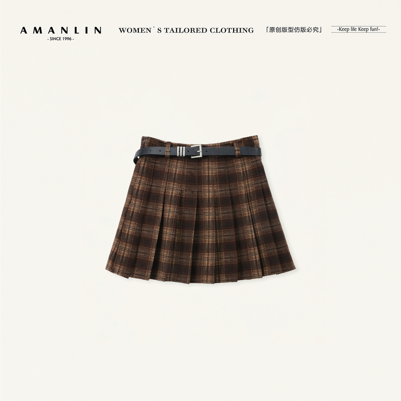 AMANLIN/阿谩琳琥珀流光复古辣妹高腰防走光a字百褶裙女Y603819