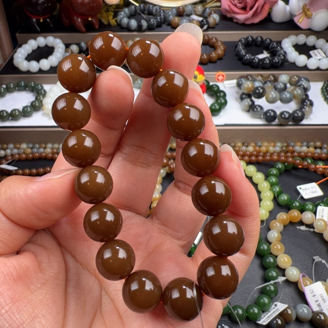 和田玉手链未镶嵌色标老红糖