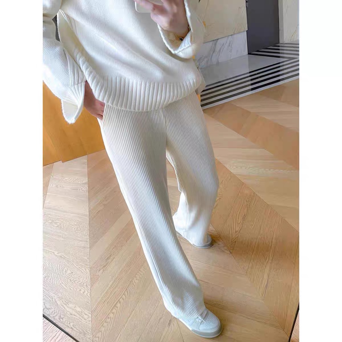 1251竖坑条阔腿裤女宽松夏季冰丝裤薄款直筒裤 【实物为准】