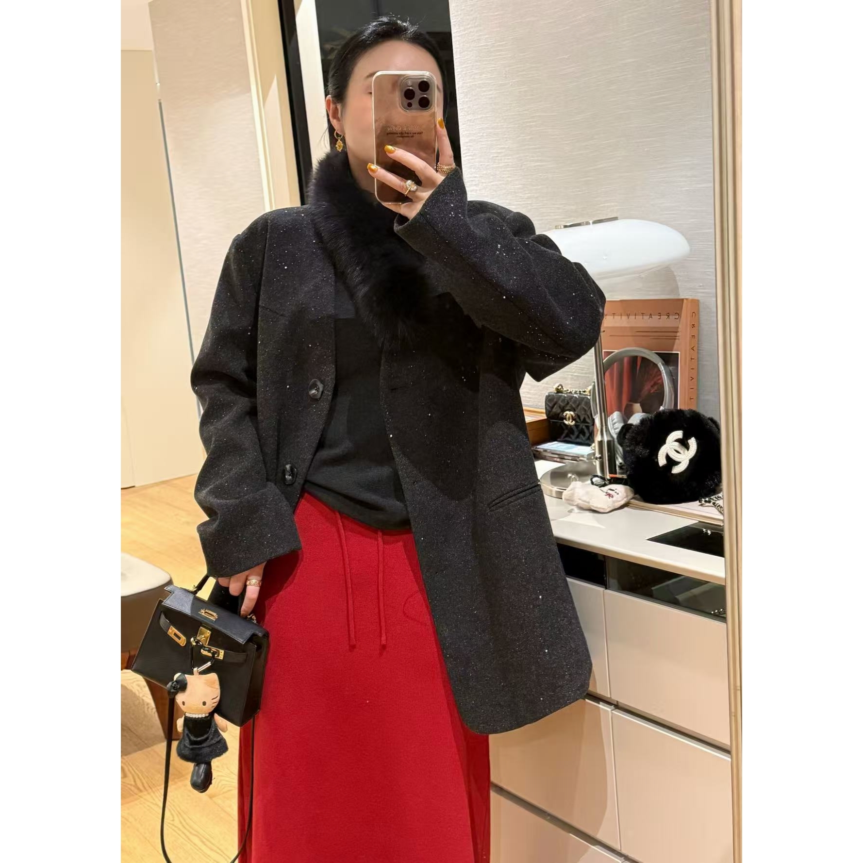 SP 真狐狸毛围脖羽绒服女冬欧货轻奢闪闪西装羊毛外套