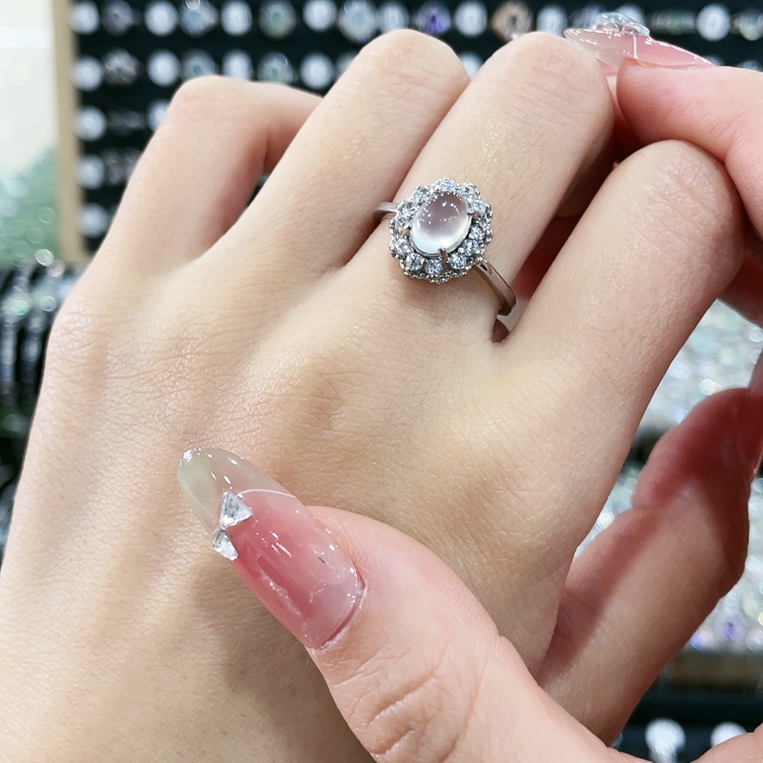 笨***女蛇纹石玉银S925镶嵌戒指