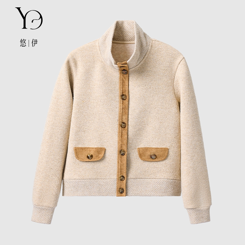 You Yi 立领厚款刺绣长袖毛呢外套冬季加绒短款休闲 W53052