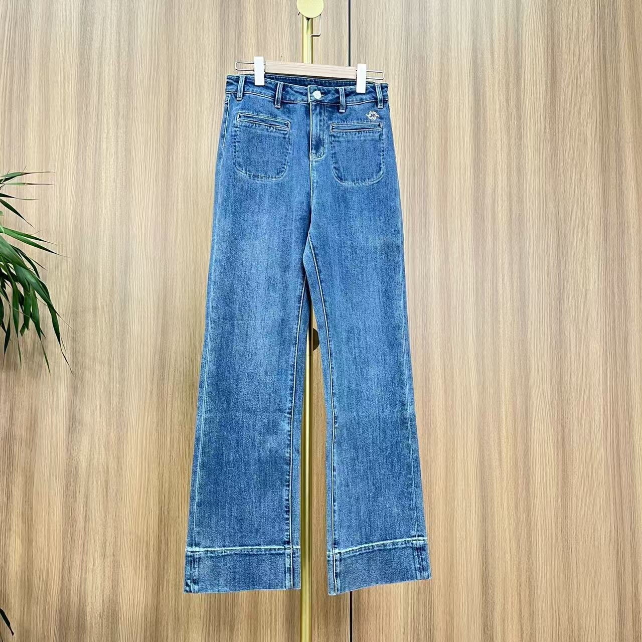 阿虎高定25春季水洗蓝色长裤修身直筒显瘦高腰百搭时尚牛仔裤