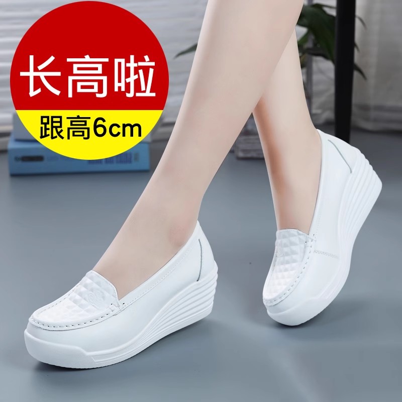 真皮松糕鞋女软厚底护士鞋白色高坡跟妈妈鞋韩版百搭单鞋透气舒适