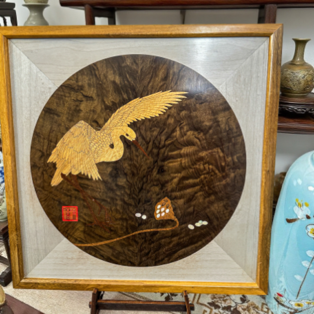 【楠禧】一鹭莲升金丝楠木凤尾纹国画装饰藏品书房客厅装饰挂画