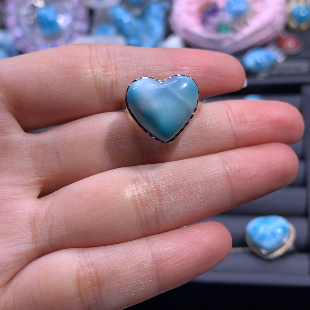 针钠钙石（海纹石）银S925镶嵌戒指爱心戒指色差略异