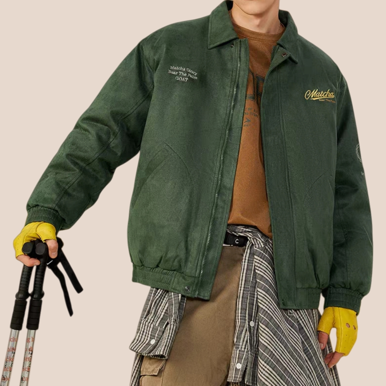 潮牌麂皮绒刺绣翻领羽绒服美式复古90白鸭绒加厚保暖棒球夹克外套