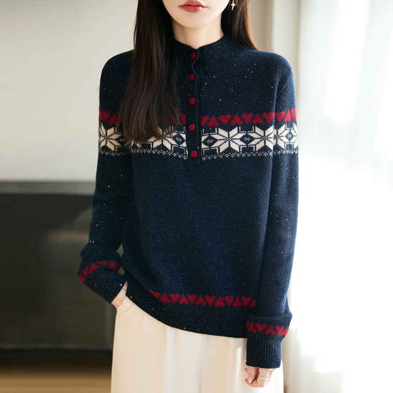 哥弟阿玛施正品秋冬半高领费尔岛提花针织衫亮片套头毛衣保暖内搭