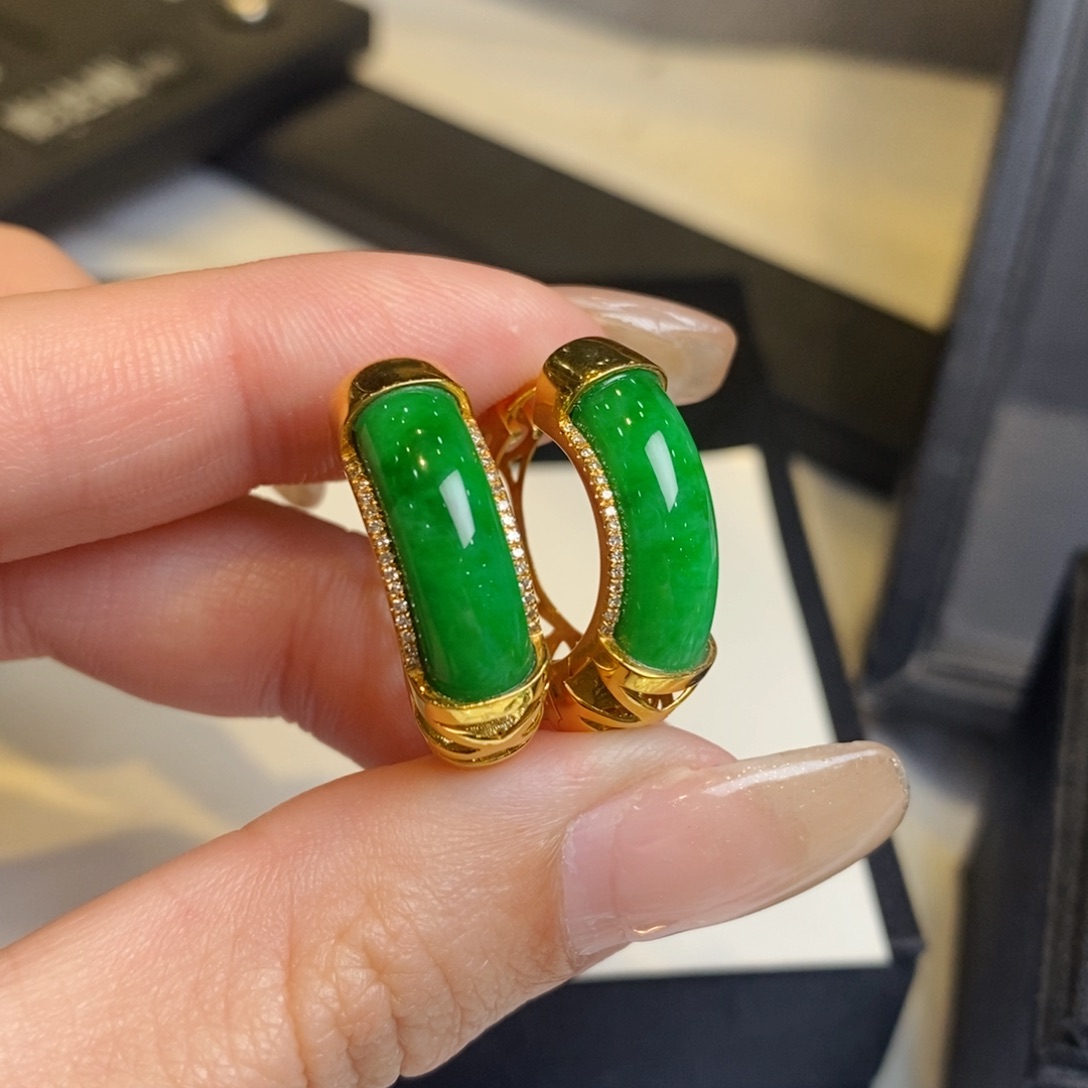 翡翠耳饰18K金镶嵌辣阳绿圈圈
