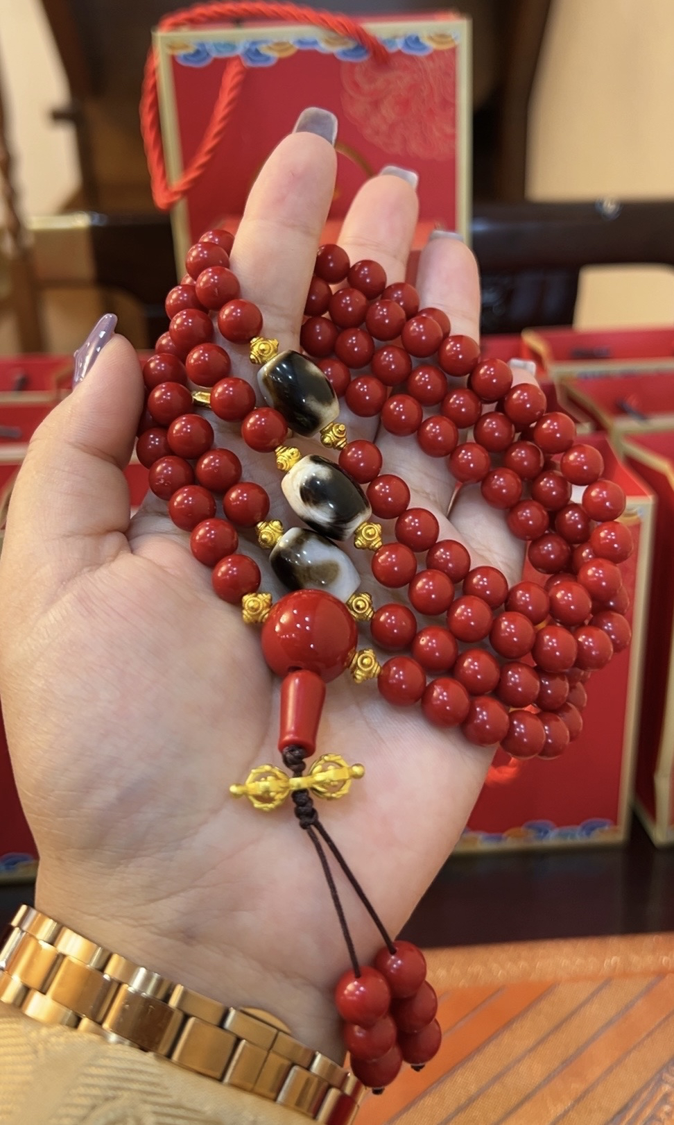 铜合金木质项链 （松赞饰品店）气质藏式红色108个颗，新款！