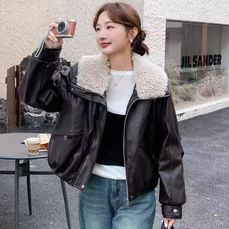 毛绒翻领宽松加绒保暖皮衣外套#8731