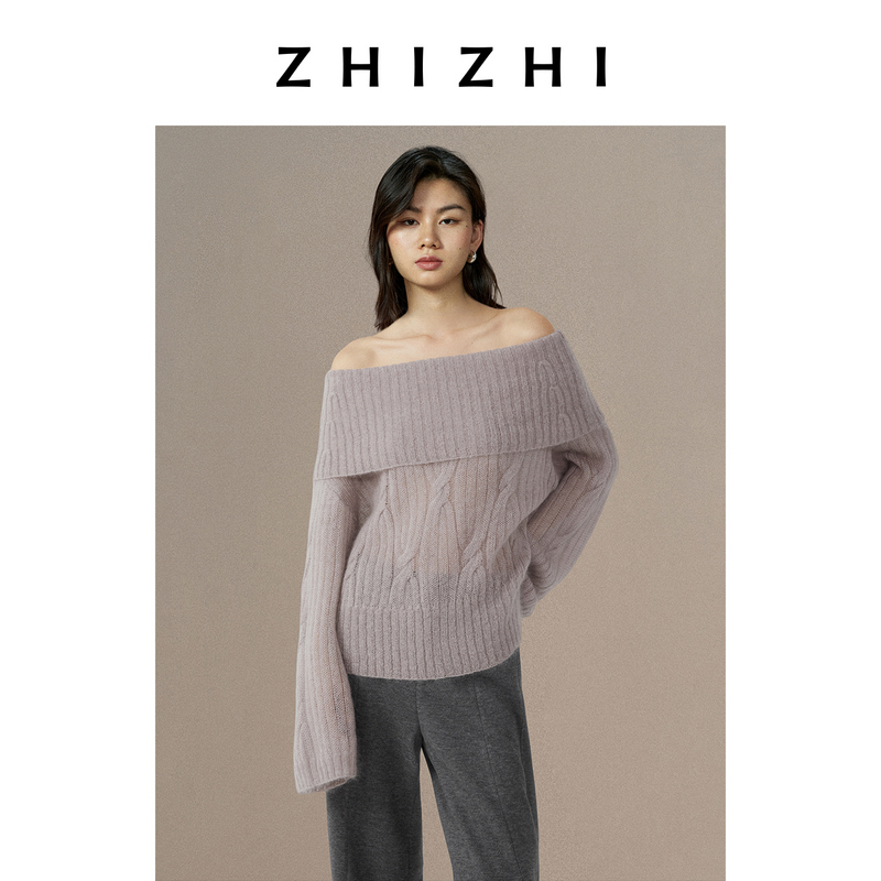 【温温专享】致知 扶摇 绞花马海毛一字领毛针织衫ZZ2EWKZN134