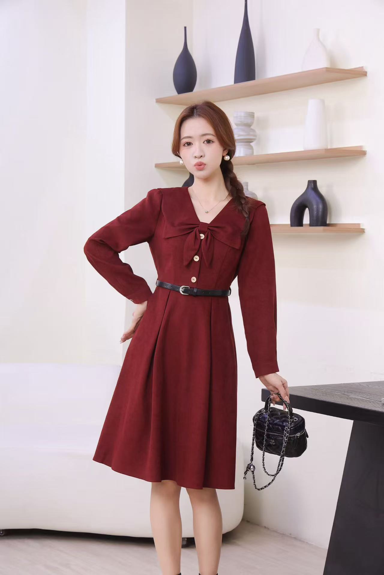 小个子蝴蝶领收腰显瘦时尚减龄连衣裙