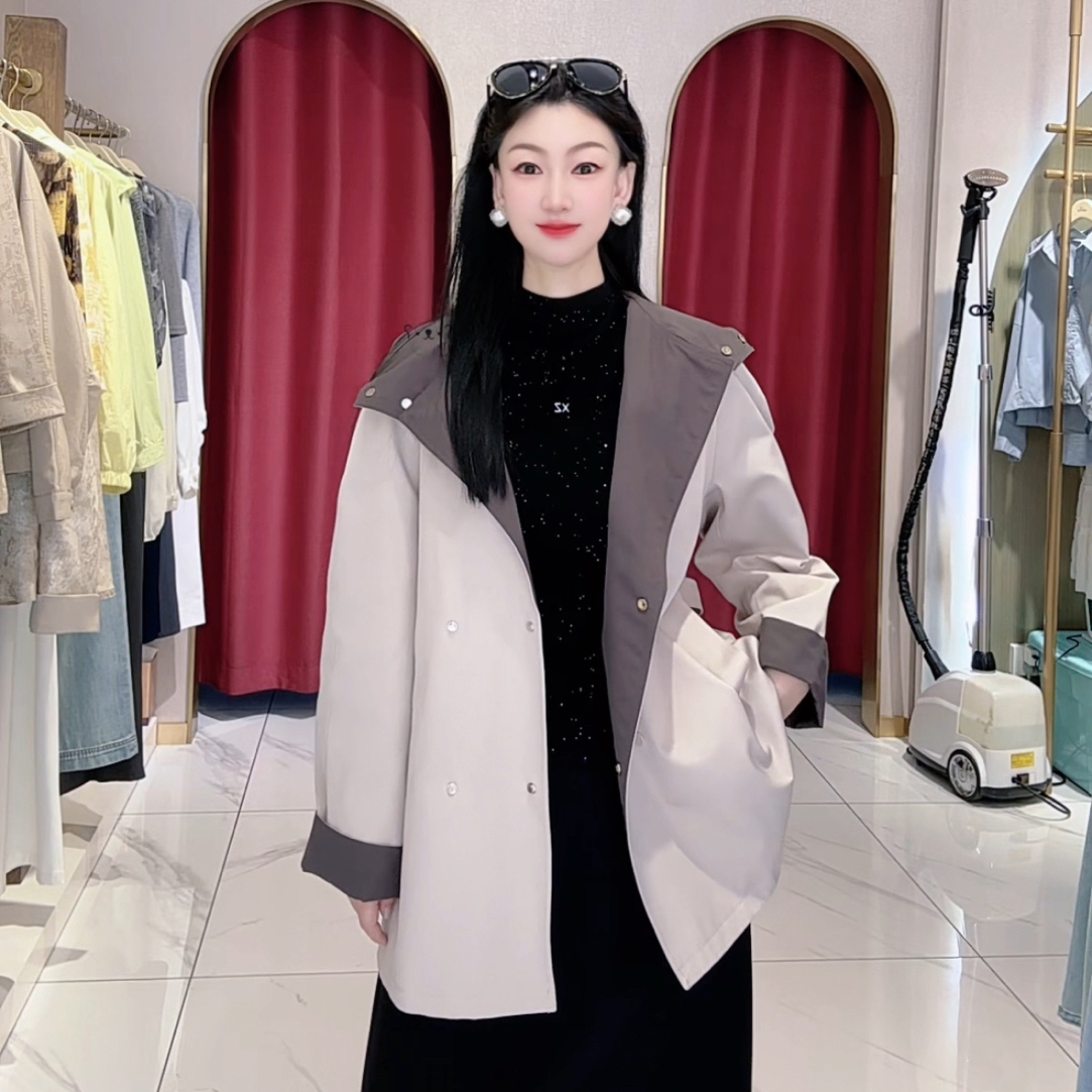 时尚撞色连帽气质风衣秋冬休闲中长款女士秋季新款外套