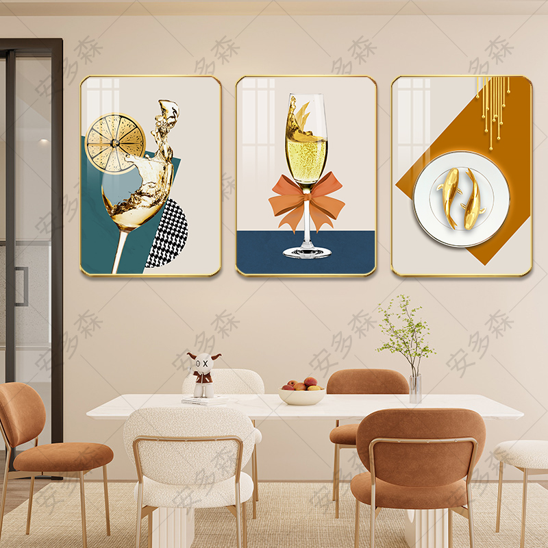 R32餐厅酒杯经典款装饰画饭厅包间房挂画三联现代简约墙面壁画