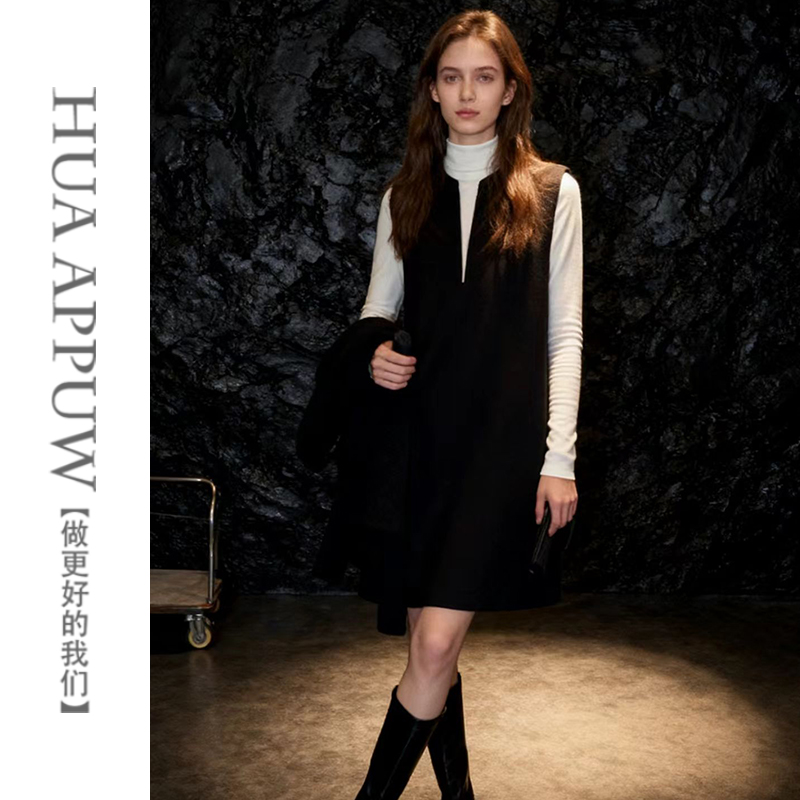 画朴纯色V领赫本风无袖毛呢连衣裙女2025秋季新款百搭叠穿背心裙
