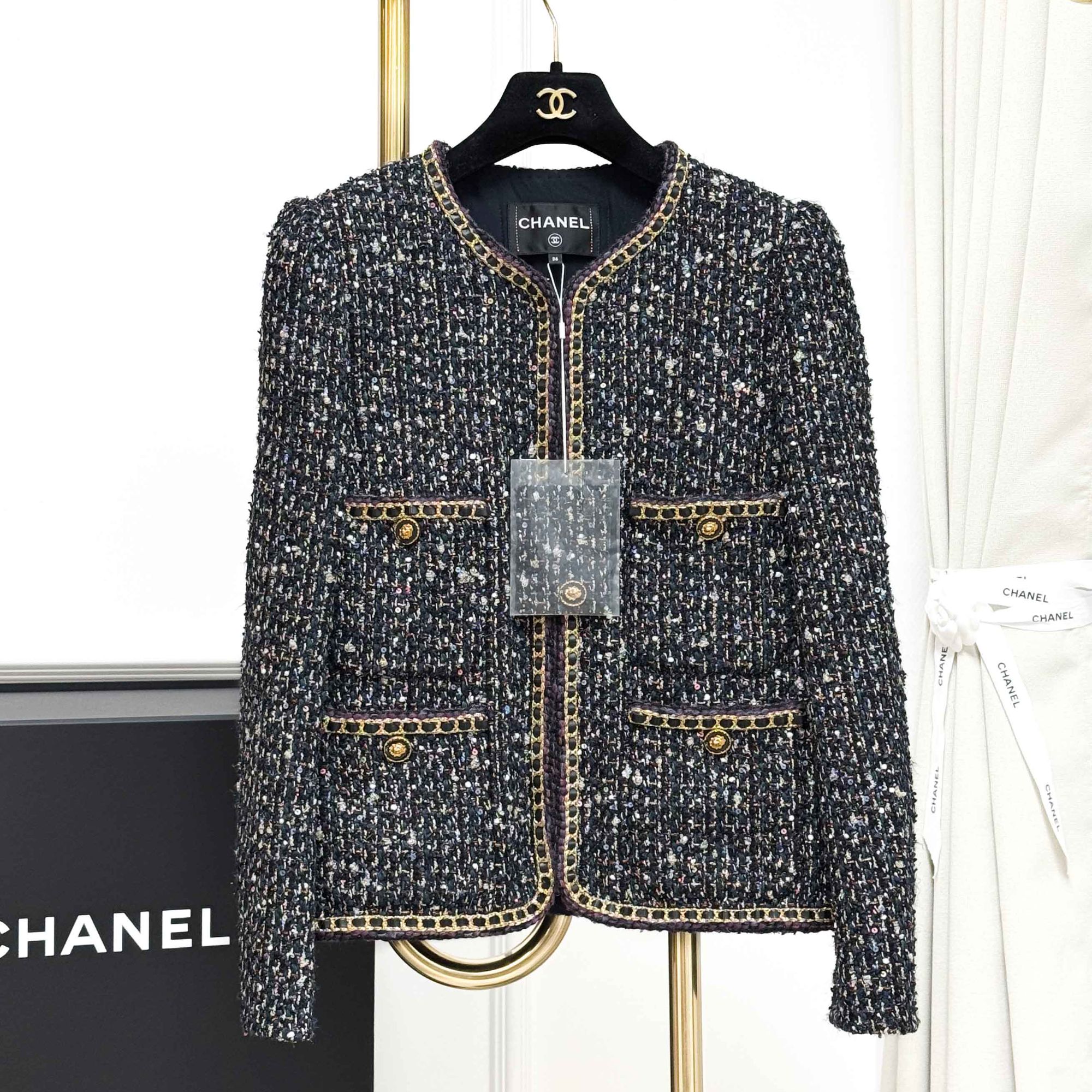 99新 Chanel/香奈儿 36码 藏蓝色混色 链条边 狮子扣长袖外套