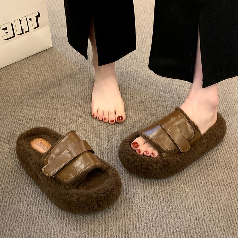 厚底毛毛拖鞋女外穿2025新款秋冬季网红韩版羊羔毛茸茸一字棉拖鞋