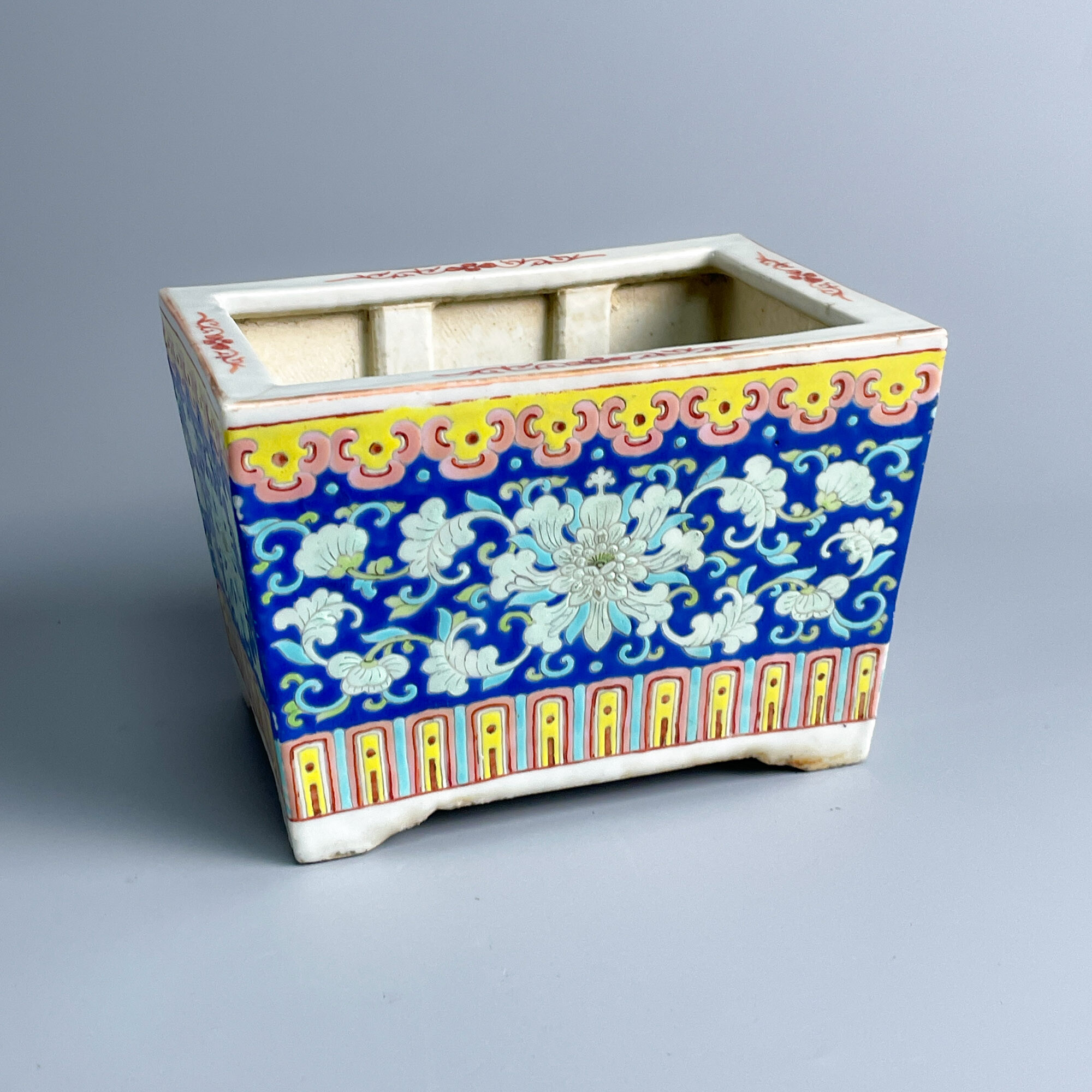 瓷器/古董清同治蓝料莲纹四方花盆M25CM008898古玩/收藏/绣花张