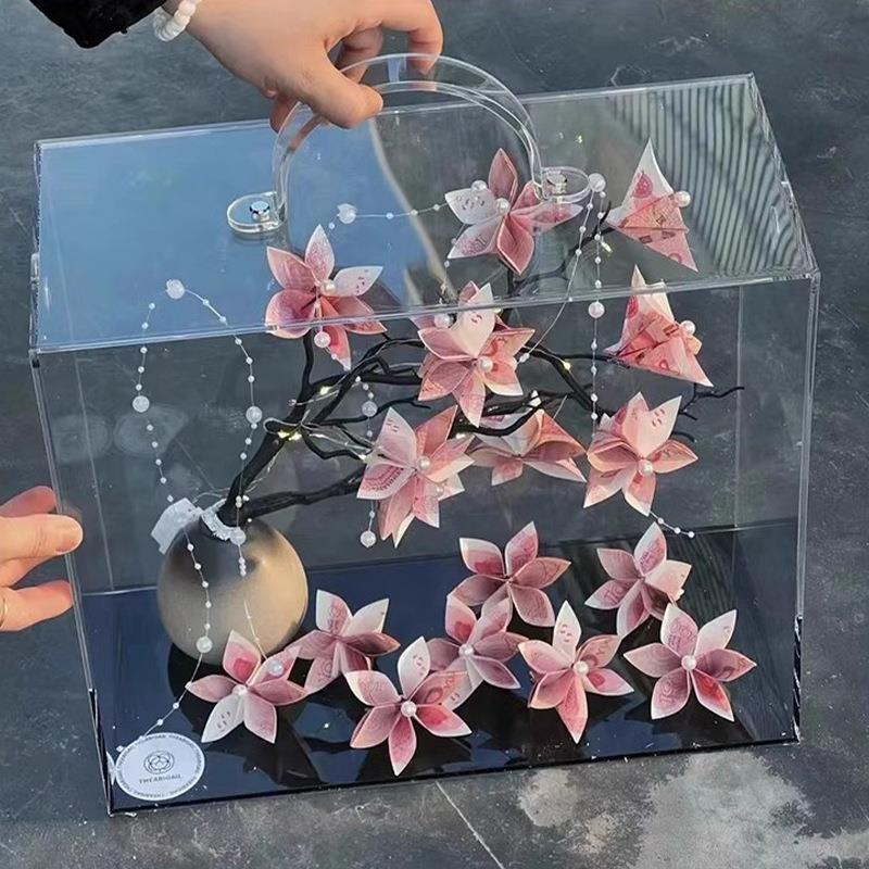 礼盒钱花亚克力盒子发财树情人节手提插花有钱花插花七夕礼盒包装